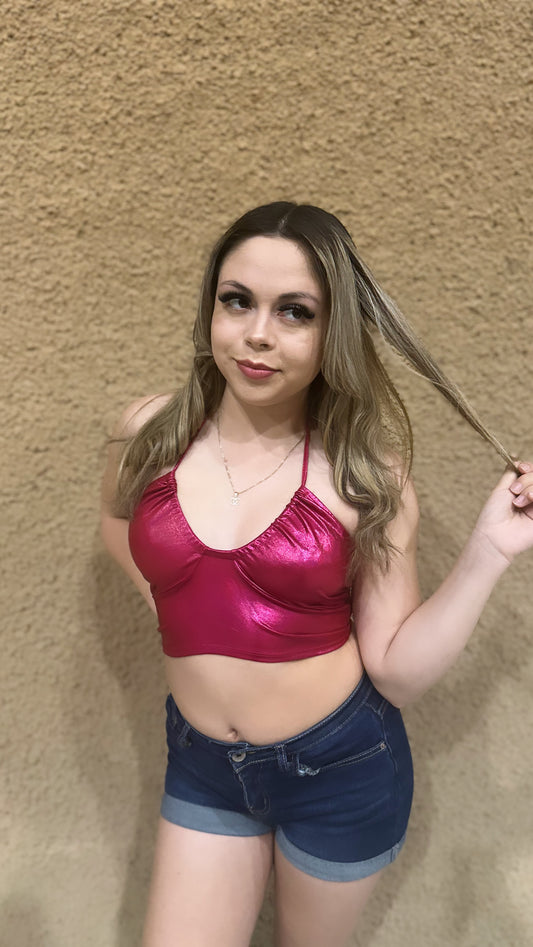 Metallic Pink Halter Crop Top
