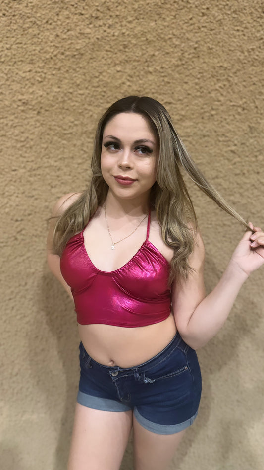 Metallic Pink Halter Crop Top